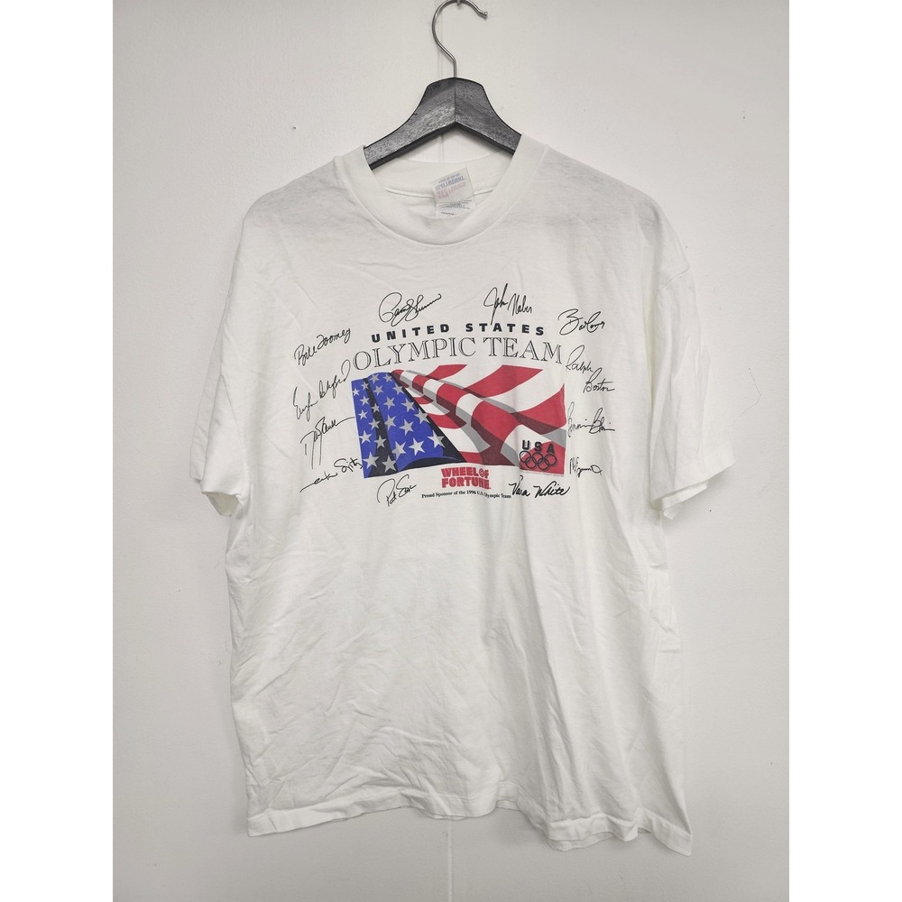 Vintage USA Olympic‎ Team Shirt Mens XL White Wheel Of Fortune Graphic 90s Flag